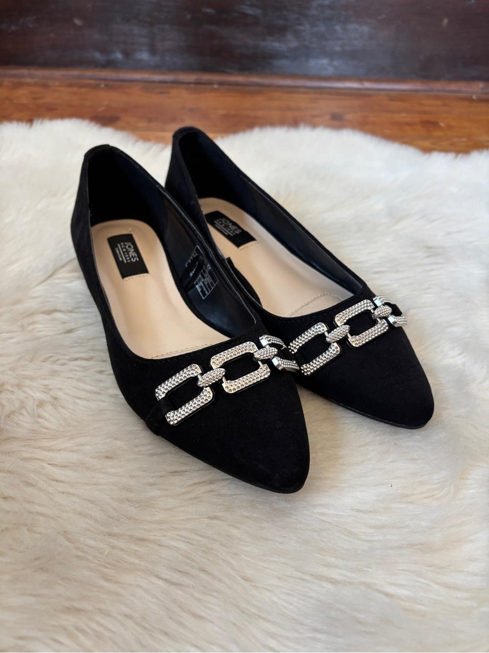 Jones New York Black Pointed Toe Flats with Rhinestone Chain Accent